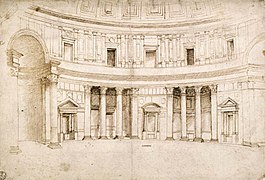 Pantheon interior (drawing by Raphael before later changes to upper level) showing niches and aedicules