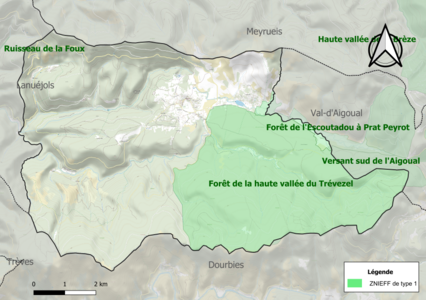 Carte des ZNIEFF de type 1 sur la commune.