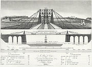 Tekening van de hangbrug met nog kabels midden boven het wegdek