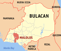 Mapa ng Bulacan na pinapakita ang lokasyon ng Malolos.