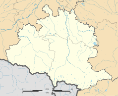 Mapa konturowa Ariège, u góry nieco na lewo znajduje się punkt z opisem „Daumazan-sur-Arize”