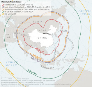 2023年時点の中国の通常弾頭搭載ミサイルの射程