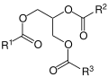 Allgemeine chemische Struktur von Walnussöl, einem Triglycerid: (R1, R2 und R3 sind Alkyl- oder Alkenylreste mit einer meist ungeraden Anzahl von Kohlenstoffatomen)