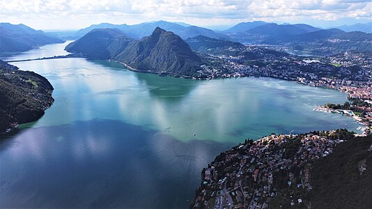 Lugano and mountain Monte San Salvatore from Monte Brè, Lago di Lugano