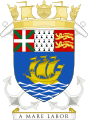 Crest: A naval crown Or. Shield: Azure, sailing in the sea proper a carrack Or, on a chief gules a pale ermine between in dexter a saltire vert surmounted by a cross argent, and in sinister two lions passant gardant in pale of the second armed and langued of the first. Motto: "A mare labor". Other elements:Behind the shield two anchors saltireways sable