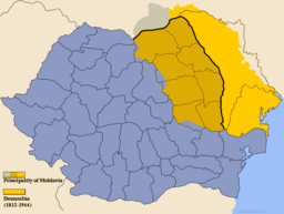 Kart over Romania og Moldova som syner Bessarabia i gult, Bukovina i grått og Rumensk Moldova i brunt.