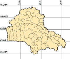 Mapa konturowa okręgu Braszów, blisko centrum na prawo znajduje się punkt z opisem „Colonia Reconstrucția”