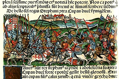 Chronica Hungarorum, Thuróczy chronicle, King Saint Stephen of Hungary, Koppány, battle, fight, sword, horse, armor, soldiers, cavalry, medieval, Hungarian flag, Hungarian chronicle, book, illustration, history