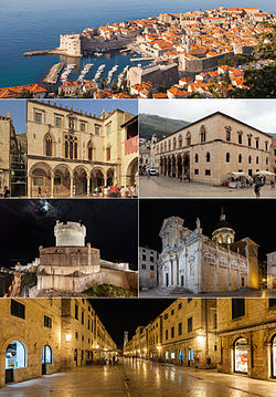 Trên cùng: phố cổ Dubrovnik, hàng hai bên trái: Cung điện Sponza, hàng hai bên phải: Cung điện Rector, hàng ba bên trái: tường thành, hàng ba bên phải: Nhà thờ lớn Dubrovnik, dưới cùng: Stradun, đường chính của thành phố