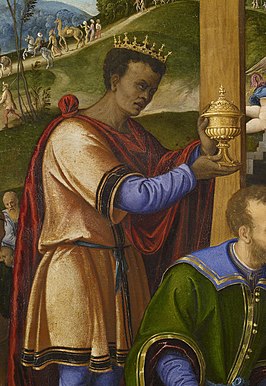 Balthazar in De aanbidding door de drie Koningen door Girolamo da Santacroce