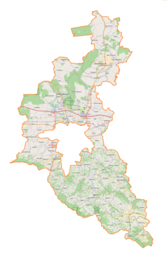 Mapa konturowa powiatu rzeszowskiego, blisko dolnej krawiędzi po prawej znajduje się punkt z opisem „Dylągowa”