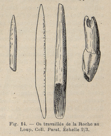 Fig. 14, Os travaillés :no 1 - poinçon ; no 2 : baguette en bois de renne ; no 3 - dent de bison percée