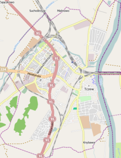 Mapa konturowa Tczewa, w centrum znajduje się punkt z opisem „miejsce bitwy”