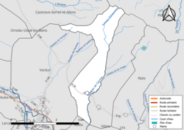 Carte en couleur présentant le réseau hydrographique de la commune