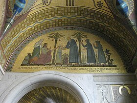 Saint Benoît accueille saint Placide, mosaïque de la crypte de l'abbaye du Mont-Cassin.