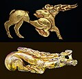 Image 30Scythian golden deer shield ornaments from the Iron Age 6th century BC found in Hungary. Above, the Golden Deer of Zöldhalompuszta is 37 cm, making it the largest Scythian golden deer known. Below, the Golden Deer of Tapiószentmárton. (from History of Hungary)