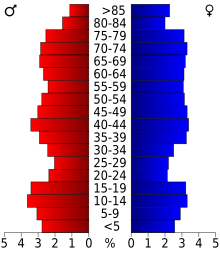 Schéma représentant la population du comté, par tranche d'âge. En rouge, à gauche, les femmes, en bleu à droite, les hommes.