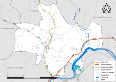 Carte en couleur présentant le réseau hydrographique de la commune