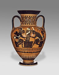 Aquiles y Áyax jugando un juego de mesa supervisado por Atenea, Attic Black-figure Neck Amphora, ca. 510 AdC