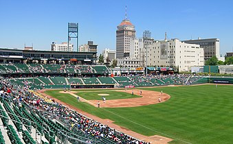 Fresno, the fourth most populated city in northern California, as seen from Chukchansi Park. Fresno is the largest city by population in the San Joaquin Valley.