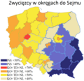 Zwycięzcy w okręgach wyborczych przy łącznym zliczeniu wyników komitetów opozycji (KO, TD i NL).