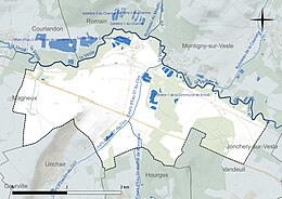 Carte en couleur présentant le réseau hydrographique de la commune