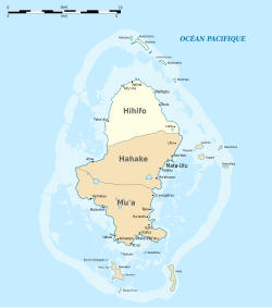 Map of Wallis Island showing the 3 districts: Hihifo is located in the north