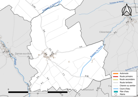 Carte en couleur présentant le réseau hydrographique de la commune