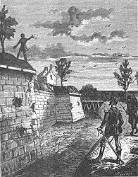 Jules Ducatel monte sur le bastion no 64 pour prévenir les troupes versaillaises que la porte de Saint-Cloud n'est plus gardée. Il est repéré par le capitaine Auguste Trève.