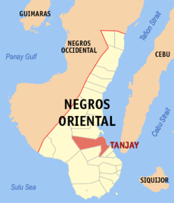 Map of Negros Oriental showing the location of Tanjay.