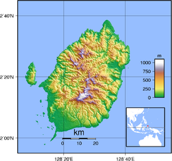 モロタイ島の地形。右下の窓は島の位置。