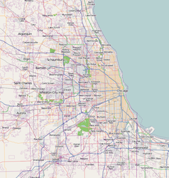 Mapa konturowa Chicago, po prawej znajduje się punkt z opisem „Aon Center”