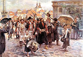 Jan Kiliński leading Russian prisoners through the streets of Warsaw label QS:Len,"Jan Kiliński leading Russian prisoners through the streets of Warsaw" label QS:Lpl,"Jan Kiliński prowadzi jeńców rosyjskich przez ulice Warszawy" , oil on canvas medium QS:P186,Q296955;P186,Q12321255,P518,Q861259 , 1908, 71 × 97 cm, Muzeum Śląska Opolskiego, Opole