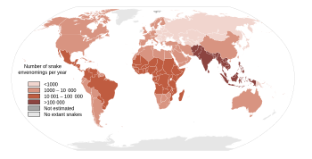 Map showing the approximate world distribution of snakes.