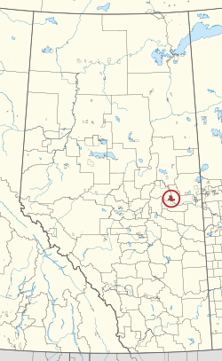 A map of the province of Alberta showing 80 counties and 145 small Indian reserves. One is highlighted with a red circle.