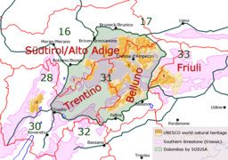 Délimitation des Dolomites selon différentes significations : en vert la définition selon la SOIUSA ; en rose les zones géographiques où la roche dolomie est présente ; en orange les neuf sites définis au patrimoine mondial de l'UNESCO.