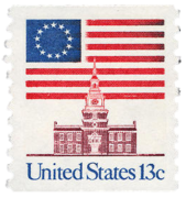 1975 13¢ stamp features the Betsy Ross flag behind Independence Hall[76]