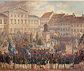 Enthüllung des Denkmals für König Wilhelm IV. auf dem Wilhelmsplatz, mit Ausrichtung nach Westen, 1837. Kolorierte Lithographie von C. Rohde und Lange