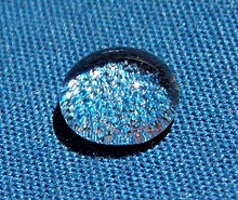 Close-up of a drop of water (almost spherical) on blue fabric, with a shadow under it