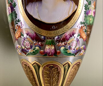 Neoclassical foliage volutes on a vase, by the Sèvres Porcelain Manufactory, 1814, hard-paste porcelain with platinum background and gilt bronze mounts, Louvre[12]