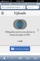 Step two: new user with no Commons uploads taps on Uploads and sees a brief three-step uploading tutorial. Replace "Wikipedia" with whatever project the user is on – Wikimedia Commons, Wikivoyage, etc.