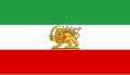 The flag of Pahlavi Iran, a charged horizontal triband.