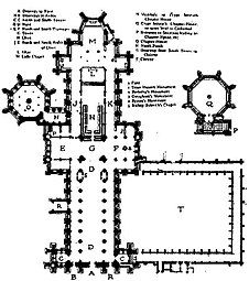 Planta de la catedral de Wells, con una capilla de la Señora poligonal