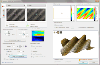 Reconstrución da superficie 3D dunha mostra de calibración de rugosidade (Ra = 3 µm) (como a usada Para calibrar profilómetros), a partir de dúas imaxes de MEV inclinadas 15° (arriba á esquerda). O cálculo do modelo 3D (abaixo á dereita) tarda uns 1,5 segundos[52] e o erro no valor de rugosidade Ra calculado é de menos de 0,5%.