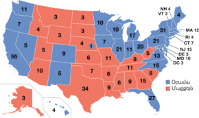 Electoral college map, depicting Obama winning many states in the Northeast, Midwest, and Pacific West, and Florida, and McCain winning many states in the South and Rocky Mountains.