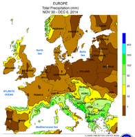 Niederschlagssummen 30.–6.: Erkennbar die Starkregengebiete der Mittelmeer-Nordküste mit bis zu 200 mm und die Nordostgrenze der Niederschläge an der Linie Sudeten–Westkarpaten–Donaudelta