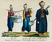 1809 yılında anonim bir Yunan sanatçının çorba kazanı ve kepçe taşıyan Yeniçerileri betimleyen resmi.