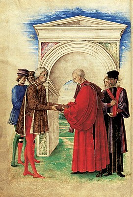 Guarino handing over his work to Jacopo Antonio Marcello, f.3v.