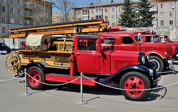 A Soviet PMG-1 fire engine based on a GAZ-AA truck.