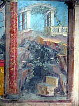 Architectural detail of 2D panel, Cubiculum (bedroom) from the Villa of P. Fannius Synistor at Boscoreale. Fresco Roman Republican period Date: ca. 50–40 B.C. (Metropolitan Museum)